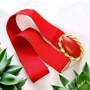 Vintage NAN LEWIS Red & Gold Oval Buckle 2" Wide Red Elastic Stretch Belt